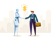 Robot and Businessman make Agreement about Partnership by Handshake. Ai Character Partner Help Business Automation and Growth. Machine Technology Evolution. Flat Cartoon Vector Illustration