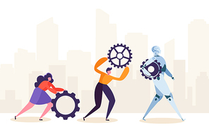 People and Robot Working Together. Human Characters and Robotic Rolling Gear. Future Man and Ai Partnership Concept. Flat Cartoon Vector Illustration