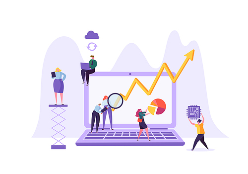 Business Data Analysis Concept. Marketing Strategy, Analytics with People Characters Analyzing Financial Statistics Data Charts on Laptop. Vector illustration