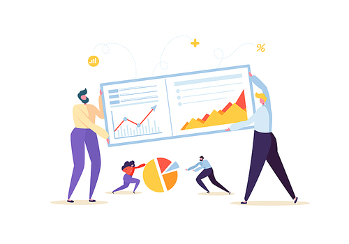 Big Data Analysis Strategy Concept. Marketing Analytics with Business People Characters Working Together with Diagrams and Graphs. Vector illustration