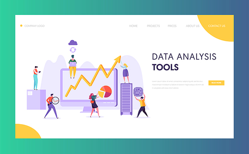 Business Data Analysis Software Landing Page. Marketing Strategy Development for Market Analyzing by Creative Character. Neural Network Concept for Website or Web Page. Flat Vector Illustration