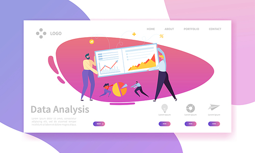 Digital Marketing Analysis Report Chart Landing Page. Business Strategy Analyzing for Progress by Character. Internet Market Analytics Chart Design for Website or Web Page. Flat Vector Illustration