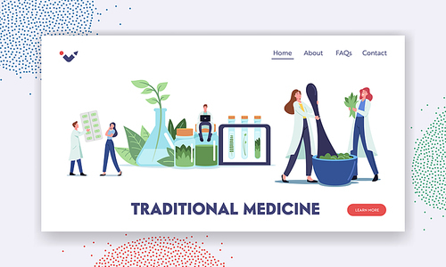 Traditional Medicine Landing Page Template. Natural Herbal Medication Researches in Laboratory. Scientist Doctors Characters Make Drugs of Medical Plants, Homeopathy. Cartoon Vector Illustration