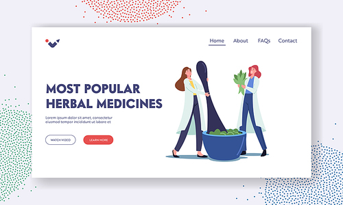 Traditional Herbal Medicine Landing Page Template. Tiny Pharmacists Characters Grind Plants and Natural Ingredients in Huge Mortar for Making or Ayurvedic Remedy of Plants. Cartoon Vector Illustration