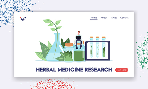 Herbal Medicine Research Landing Page Template. Tiny Doctor Male Character with Laptop Sitting on Huge Bottle with Green Leaves or Natural Ingredients for Remedy Creation. Cartoon Vector Illustration