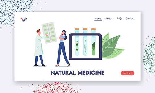 Natural Medicine Landing Page Template. Specialist Giving Herbal Remedy to Patient. Male Doctor Character Prepare Ayurvedic Drugs of Plants and Herbal Ingredients. Cartoon People Vector Illustration