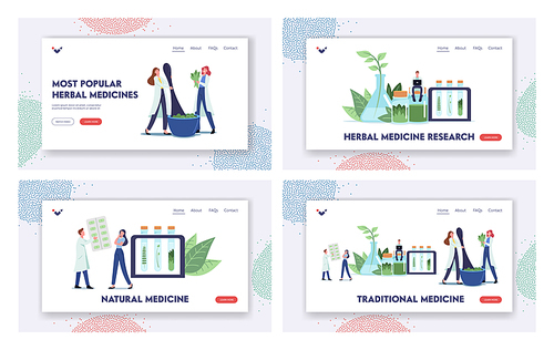 Traditional Medicine Landing Page Template Set. Natural Herbal Medication Researches in Laboratory. Scientist Doctors Characters Make Drugs of Medical Plants, Homeopathy. Cartoon Vector Illustration