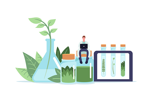 Alternative Traditional Medicine Concept. Tiny Doctor Male Character with Laptop Sitting on Huge Bottle with Green Leaves or Natural Ingredients for Remedy Creation in Lab. Cartoon Vector Illustration