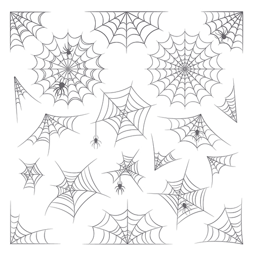 Set of Spider Web, Cobweb for Halloween Decoration, Isolated Collection on White Background. Scary Spiderwebs with Spiders, Spook, Design Elements. Cartoon Vector Illustration, Icons, Clipart