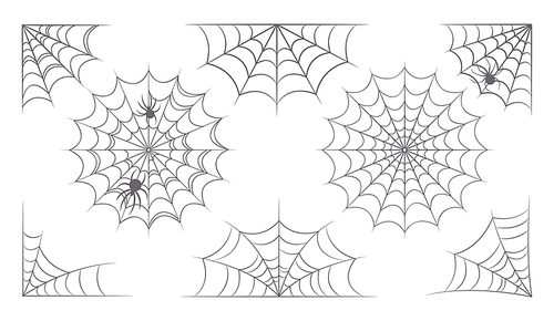 Halloween Web, Spiderweb and Cobweb Set. Isolated Scary Design Elements for Greeting Cards Decoration, Insects Trap, Spider Nets, Round, Corner and Half Shape Webs. Spooky, Monochrome Vector Decor