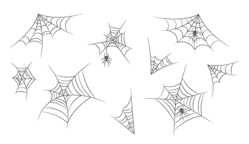 set of spiderwebs design elements. spider web, cobweb for halloween decoration, scary spiders, spook isolated collection on white . cartoon vector illustration, icons, clipart