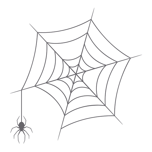 Spider Web Icon, Grey Round Spiderweb With Hanging Spider, Halloween Design Element, Creepy Cobweb Separated on Segments Isolated on White Background. Insect Net Trap Vector Illustration, Clipart