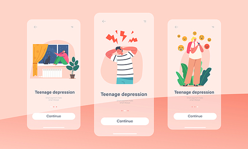 Teenage Depression Mobile App Page Onboard Screen Template. Depressed and Anxious Teens Character with Headache Feeling Frustrated, Kids Life Problems Concept. Cartoon People Vector Illustration