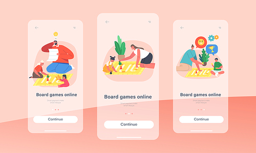 Board Games Online Mobile App Page Onboard Screen Template. Happy Family Joyful Sparetime, Kids and Parents Playing Boardgames. Characters Play Together Concept. Cartoon People Vector Illustration