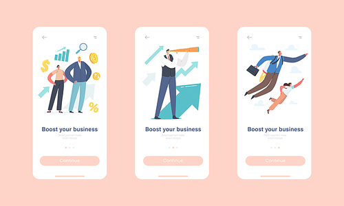 Boost your Business Mobile App Page Onboard Screen Template. Businesspeople Characters Flying with Jet Pack, Look in Spyglass. Career, Leadership, Success Concept. Cartoon People Vector Illustration