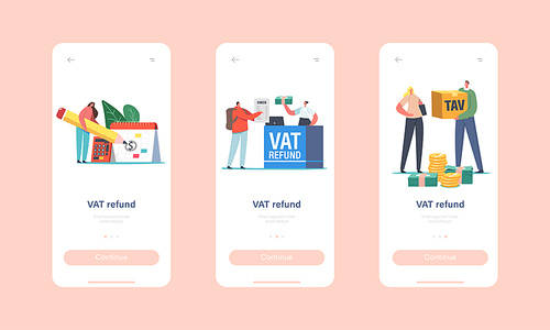 Vat Refund Mobile App Page Onboard Screen Template. Characters at Tax Free Desk in Airport Return Money for Purchasing. People Save Budget, Financial Concept. Cartoon People Vector Illustration