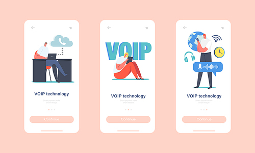 VOIP Technology, Voice over IP Mobile App Page Onboard Screen Template. Characters Use Telephony, Telecommunication, Telephone Communication via Cloud Concept. Cartoon People Vector Illustration