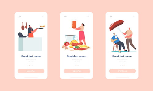 Breakfast Menu Mobile App Page Onboard Screen Template. Tiny Characters at Huge Plate Having Traditional English Full Fry Up Breakfast with Fried Eggs Concept. Cartoon People Vector Illustration