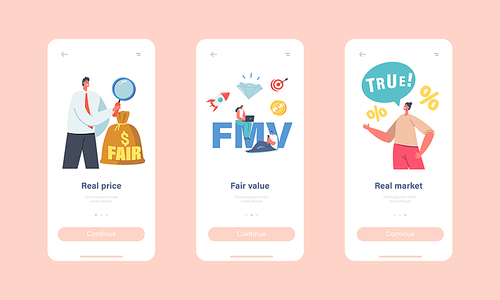Fair Value Market, Real Price Mobile App Page Onboard Screen Template. Tiny Businessman Character with Huge Glass, Balance of Value and Fair, FMV Business Concept. Cartoon People Vector Illustration
