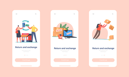 Broken Goods Return and Exchange Mobile App Page Onboard Screen Template. Characters Return Damaged Things to Shop, Cracked Laptop, Cup and Smartphone Concept. Cartoon People Vector Illustration