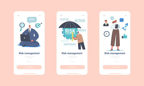 Risk Management Mobile App Page Onboard Screen Template. Businessman with Umbrella, Workgroup Character Admit, Identify, Measure Business Strategy Implement Concept. Cartoon People Vector Illustration
