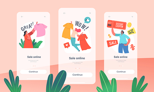 Online Sale Mobile App Page Onboard Screen Template. Customer Characters with Coupons Buying Goods and Clothes in Internet, One Click Purchase, Shopping Concept. Cartoon People Vector Illustration
