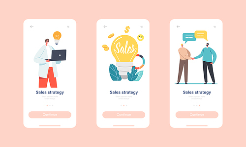 Sales Strategies Mobile App Page Onboard Screen Template. Tiny Businessmen and Businesswomen Characters at Huge Light Bulb, Business Statistics or Analytics Concept. Cartoon People Vector Illustration