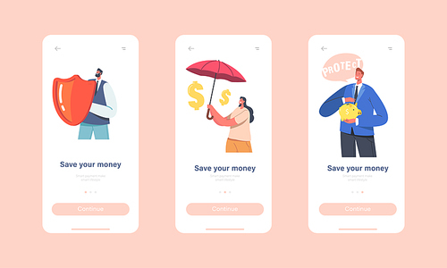 Save your Money Mobile App Page Onboard Screen Template. Businesspeople Characters Stand under Umbrella with Piggy Bank and Shield, Financial Protection Concept. Cartoon People Vector Illustration