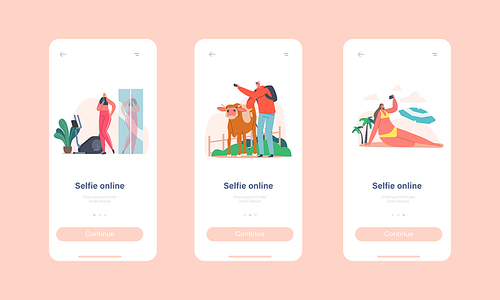 Selfie Online Mobile App Page Onboard Screen Template. Tiny Characters Concept. Cartoon People Vector Illustration