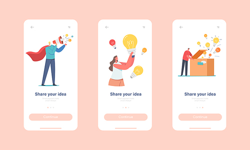 Share Idea Mobile App Page Onboard Screen Template. Characters Spread Insights. Man Superhero with Loudspeaker, Woman with Lightbulb, People Open Box with Lamps Concept. Cartoon Vector Illustration
