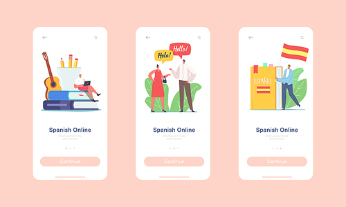 Characters Learning Spanish Language Course Online Mobile App Page Onboard Screen Template. Tiny Characters at Huge Textbooks and Flag, Teacher and Students Concept. Cartoon People Vector Illustration