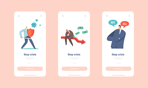 Stop Crisis Mobile App Page Onboard Screen Template. Tiny Characters Fight with Negative Covid19 Impact on Economy. Global Outbreak and Financial Crash Concept. Cartoon People Vector Illustration
