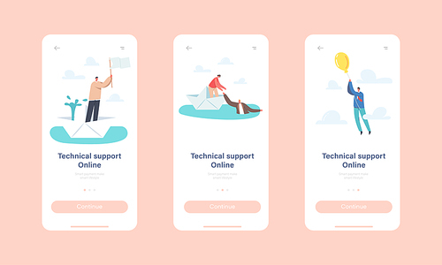 Technical Online Support Mobile App Page Onboard Screen Template. Characters Floating Paper Boat with Leakage, Woman Save Man in Ocean, Flying on Balloon Concept. Cartoon People Vector Illustration