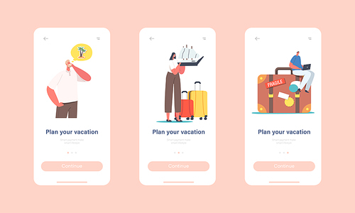 Plan your Vacation Mobile App Page Onboard Screen Template. Tiny Characters with Luggage Planning Trip, Summer Time Leisure, Journey, Summertime Relax Concept. Cartoon People Vector Illustration