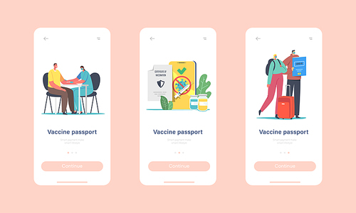 Characters Getting Coronavirus Vaccine Health Passport Mobile App Page Onboard Screen Template. Vaccination for Travelers, Covid Immune Medical Certificate Concept. Cartoon People Vector Illustration