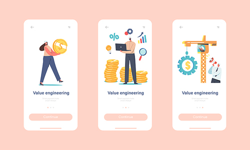 Value Engineering Mobile App Page Onboard Screen Template. Engineers Characters in Hard Hats Work, Collect Gold Coins in Stacks, Tower Crane Pull Huge Gear Concept. Cartoon People Vector Illustration