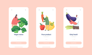 Vegan Menu Mobile App Page Onboard Screen Template. Tiny Characters Visit Salad Bar. People Eat Vegetables in Vegan Buffet. Healthy Food, Veggies Nutrition Concept. Cartoon People Vector Illustration