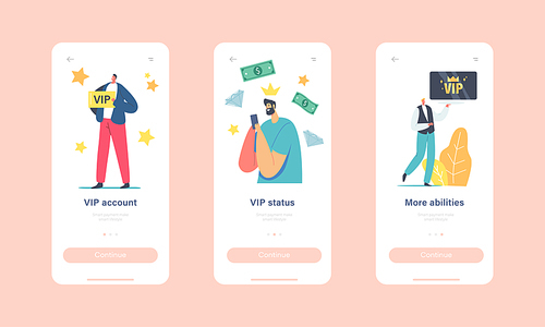 Vip Account Mobile App Page Onboard Screen Template. Luxury Characters with Gold Cards Receive Premium Service, VIP Persons Lifestyle, People with More Abilities Concept. Cartoon Vector Illustration
