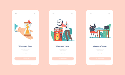 Characters Wasting Time Mobile App Page Onboard Screen Template. Procrastinating Businesspeople Employee Postponing Work. Business People Procrastination, Laziness Concept. Cartoon Vector Illustration