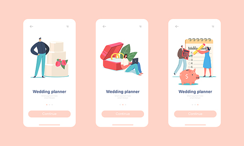 Wedding Planner Mobile App Page Onboard Screen Template. Tiny Pair Characters Filling Huge Checklist before Marriage Ceremony, Couple Planning Wedding Concept. Cartoon People Vector Illustration