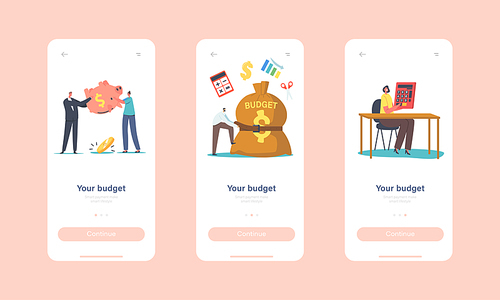 Budget, Economy Crisis Mobile App Page Onboard Screen Template. Tiny Businessman Character Tight Huge Sack with Belt. Poor People with Empty Piggy Bank, Bankruptcy Concept. Cartoon Vector Illustration