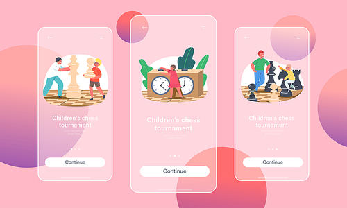 Children Chess Tournament Mobile App Page Onboard Screen Template. Kids Playing Chess in Club, Little Children with Huge Figures on Chessboard Concept. Cartoon People Vector Illustration