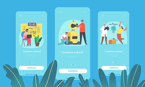 Creative School Mobile App Page Onboard Screen Template. Kids Programming and Creating Robots in Class. Engineering for Kids, Children Learn Science Concept. Cartoon People Vector Illustration
