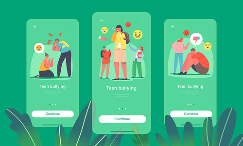 Teens Bullying Mobile App Page Onboard Screen Template. Teenagers Abuse, Laughing and Pointing at Classmates. Children Characters Conflict and Violence Concept. Cartoon People Vector Illustration