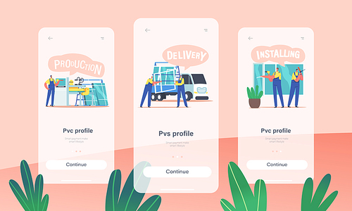 Plastic Window Producing, Delivery and Installation Mobile App Page Onboard Screen Template. Installer Workers Characters Pvc Glass Installing Service Concept. Cartoon People Vector Illustration