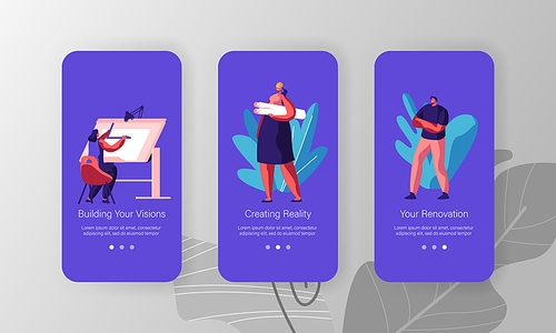 Building Service Concept. People Creating Architecture Construction Project, Paint Plan, Modeling Layout. Mobile App Page Onboard Screen Set for Website or Web Page, Cartoon Flat Vector Illustration