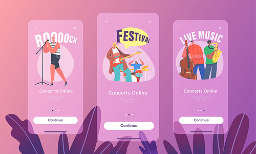 Online Concerts Mobile App Page Onboard Screen Template. Music Band on Stage. Performing Rock Concert on Scene. Characters Playing Musical Instruments Concept. Cartoon People Vector Illustration