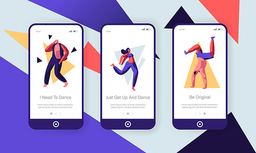 Young People Dancing Concept. Sparetime, Active Lifestyle, Men and Women Spend Time at Disco Leisure, Hobby Mobile App Page Onboard Screen Set for Website or Web Page, Cartoon Flat Vector Illustration