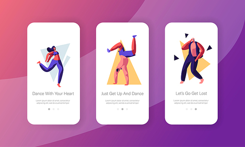 Young People Dancing on Disco Party Concept. Men and Women in Fashioned Clothing Moving to Music Rhythm Mobile App Page Onboard Screen Set for Website or Web Page, Cartoon Flat Vector Illustration