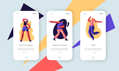 People in Festive Clothing Dancing Sparetime Concept. Friends Spend Time Disco Party, Dance Hobby Leisure Mobile App Page Onboard Screen Set for Website or Web Page, Cartoon Flat Vector Illustration
